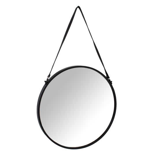 Matt Black Rimmed Round Hanging Wall Mirror With Black Strap